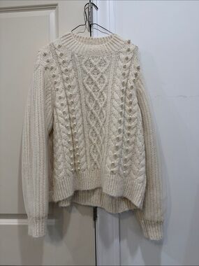 Zara Cream Cable Knit Crewneck Sweater with Pearl Trim